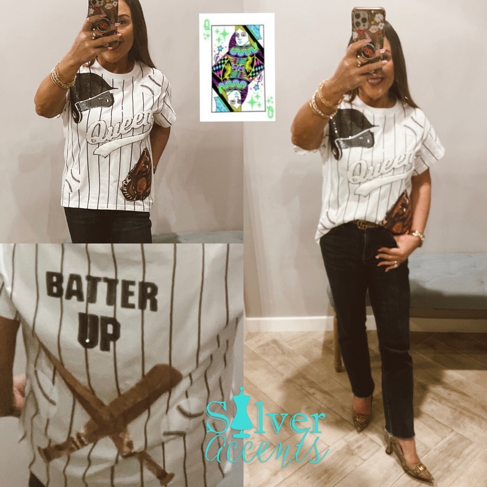 QUEEN OF SPARKLES Sequin BATTER UP Pinstripe Tee NWT ANTHROPOLOGIE XL